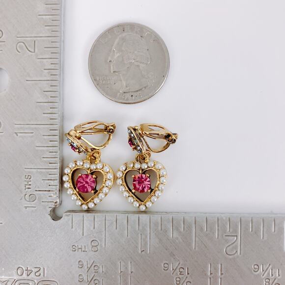 Vintage Y2K Gold Tone Heart Clip On Earrings Pink Blue Rhinestone Faux Pearl - Picture 10 of 12
